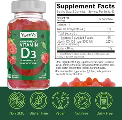 YUM-V'S Vitamin D3 Gummies 5000 IU 125mcg | Support Immune & Bone Health, Non-GMO, Gluten-Free (60 Count) thumbnail 5