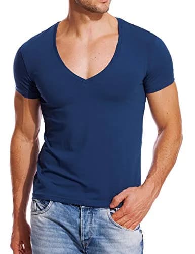 Zecmos Men's Royal Blue V Neck T-Shirt Slim Fit 100% Cotton | Muscle Fit Undershirt thumbnail 1