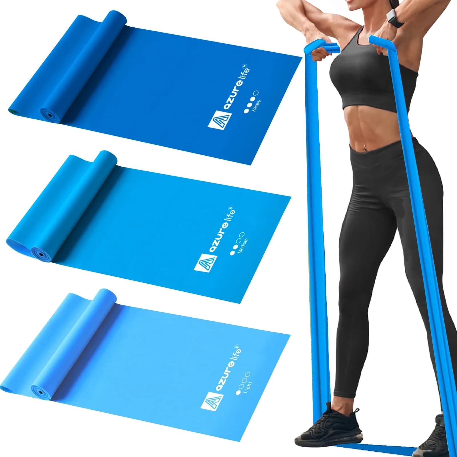 A AZURELIFE Resistance Bands Set, 3-Level Non-Latex Elastic Stretch Bands 1.5m (5 ft) | Physical Therapy, Yoga, Pilates, Strength Training — Blue / 5-FT