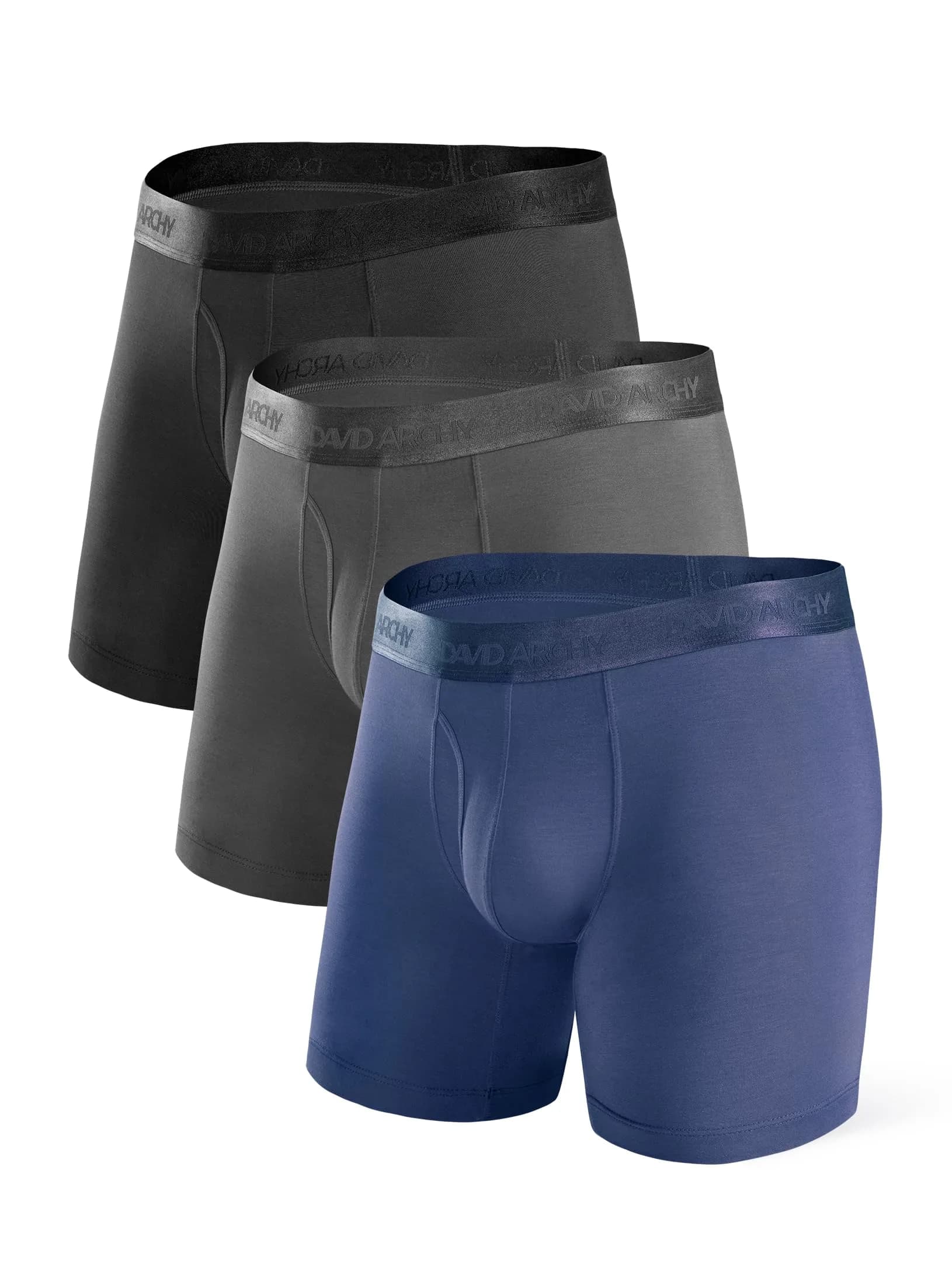 DAVID ARCHY Modal Boxer Briefs Second Skin Trunks Underwear 3/4/7 Pack | Supportive, Breathable & Moisture-Wicking — Black/Navy Blue/Dark Gray- 6.5'' With Fly / Large