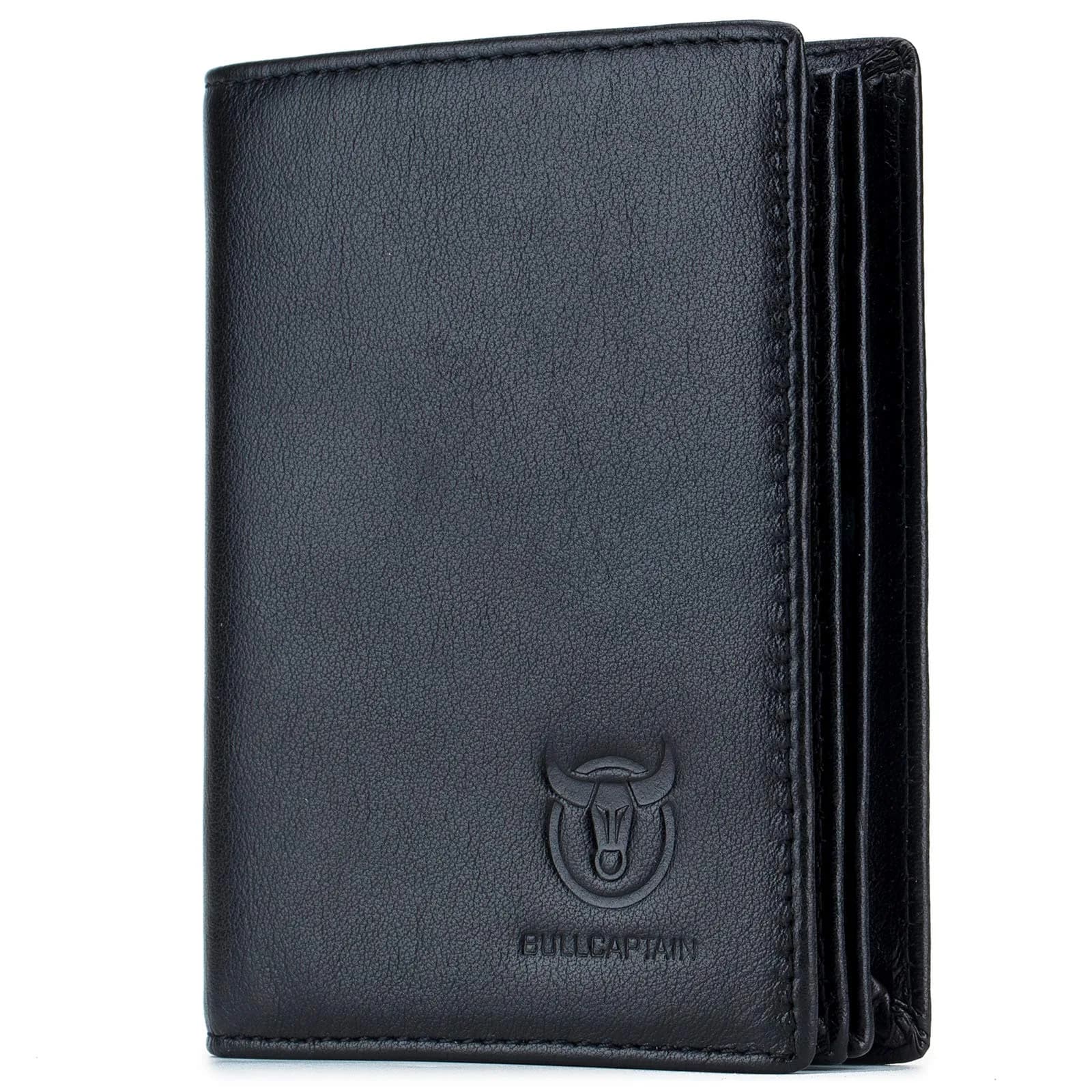 BULLCAPTAIN Genuine Leather Wallet for Men QB-027 Grey | Large Capacity RFID Blocking Bifold Wallet 12.5cm x 9.5cm x 2.5cm — Black