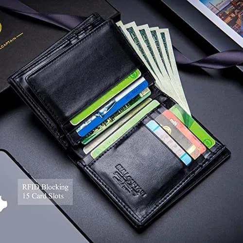BULLCAPTAIN Genuine Leather RFID Blocking Bifold Wallet for Men QB-027 Black | Large Capacity 15 Card Slots thumbnail 4