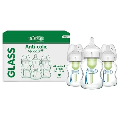 Dr. Brown's Natural Flow Options+ Anti-Colic Glass Baby Bottle 150ml (5 oz) 3-Pack | Clinically Proven Colic Reduction thumbnail 1