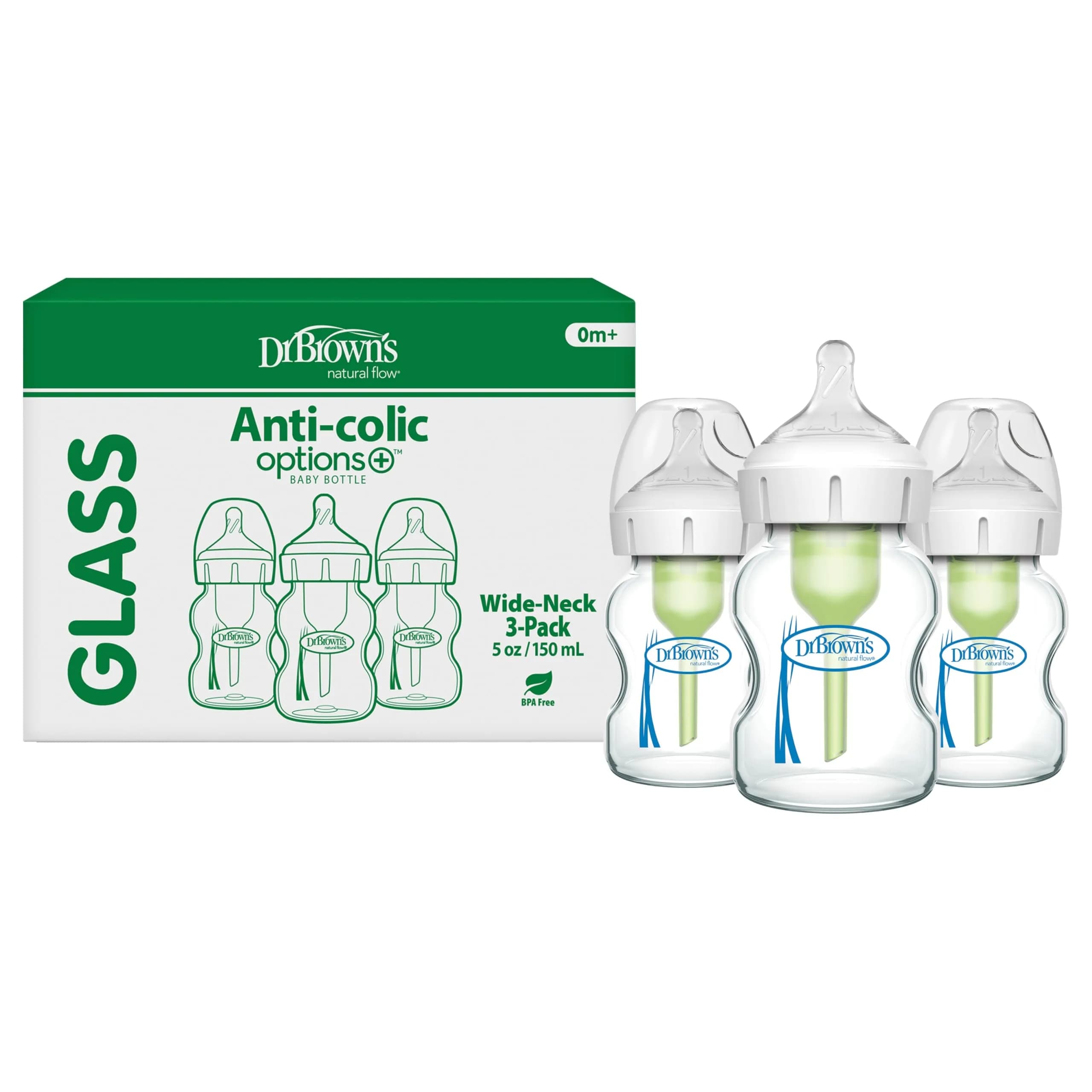 Dr. Brown's Natural Flow Options+ Anti-Colic Glass Baby Bottle 150ml (5 oz) 3-Pack | Clinically Proven Colic Reduction - main product image