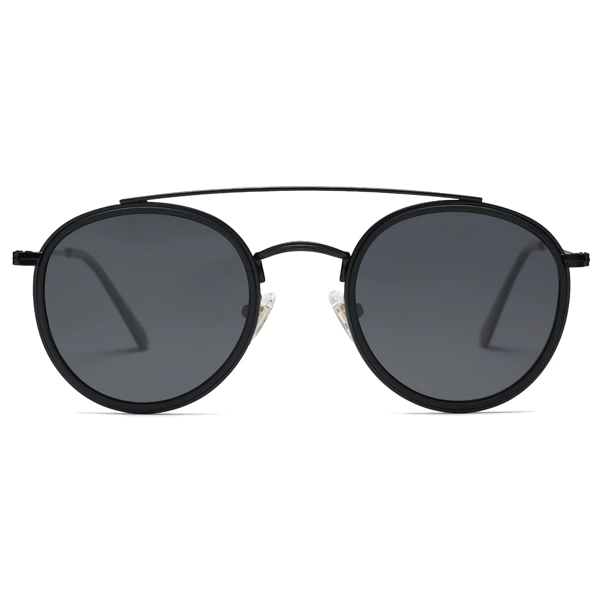 SOJOS Retro Vintage Round Polarized Sunglasses for Women Men Small Double Bridge Circle Sunnies Gold/Grey | UV400 Polarized — Dark Black/Grey