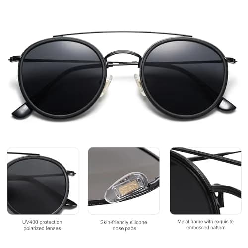 SOJOS Retro Vintage Round Polarized Sunglasses for Women Men Small Double Bridge Circle Sunnies SJ1104, Dark Black/Grey | UV400 Polarized thumbnail 3