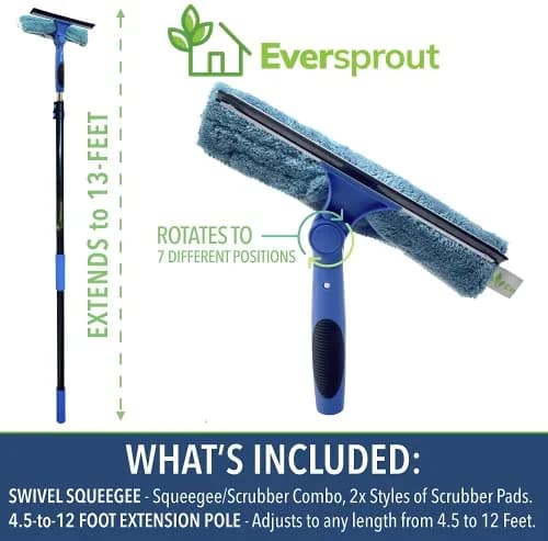 EVERSPROUT Swivel Squeegee & Microfiber Window Scrubber with 5-13ft Extension Pole | Cleans Up to 20ft Reach thumbnail 2