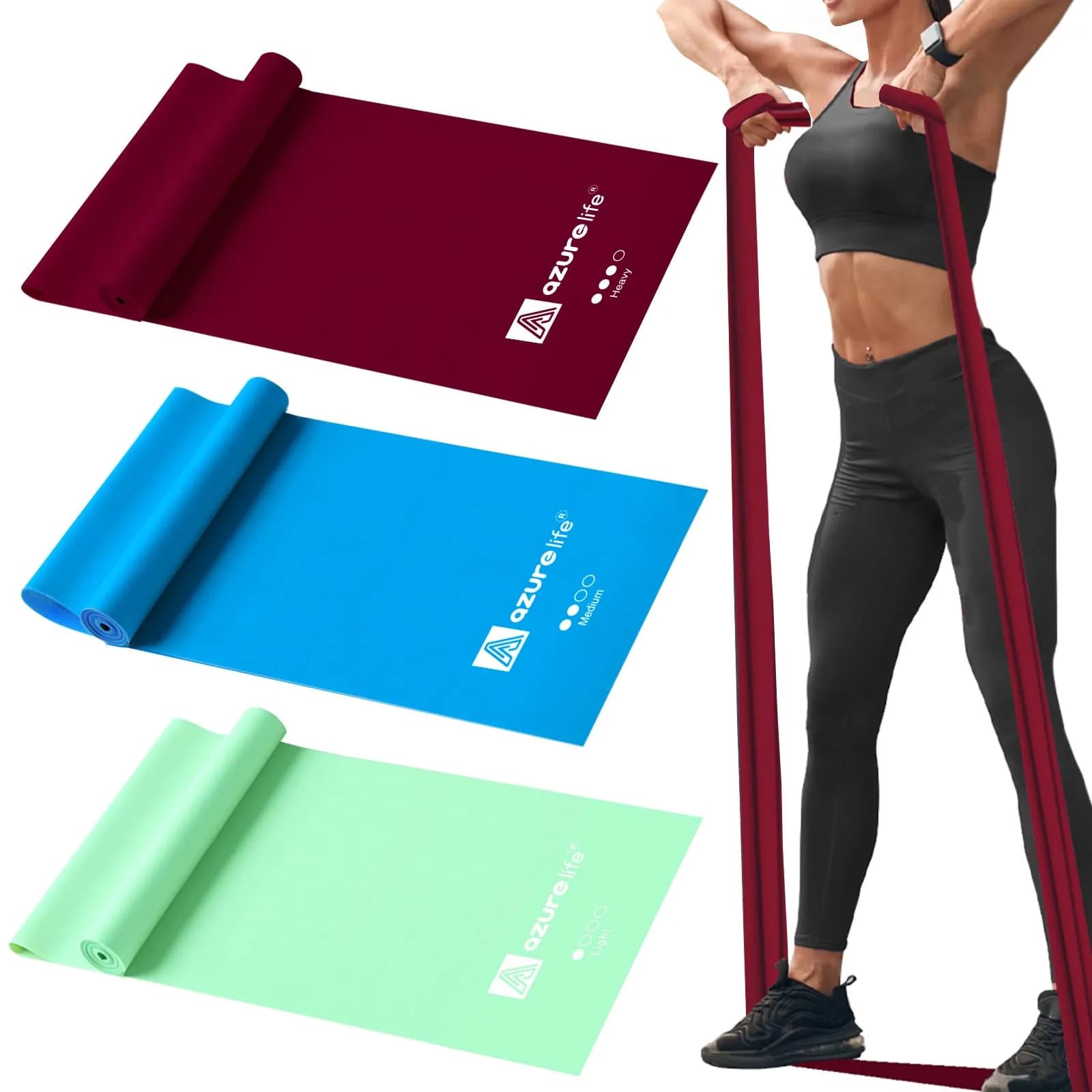 A AZURELIFE Resistance Bands Set, 3-Level Non-Latex Elastic Stretch Bands 1.5m (5 ft) | Physical Therapy, Yoga, Pilates, Strength Training — Green, Blue, Purple / 5-FT