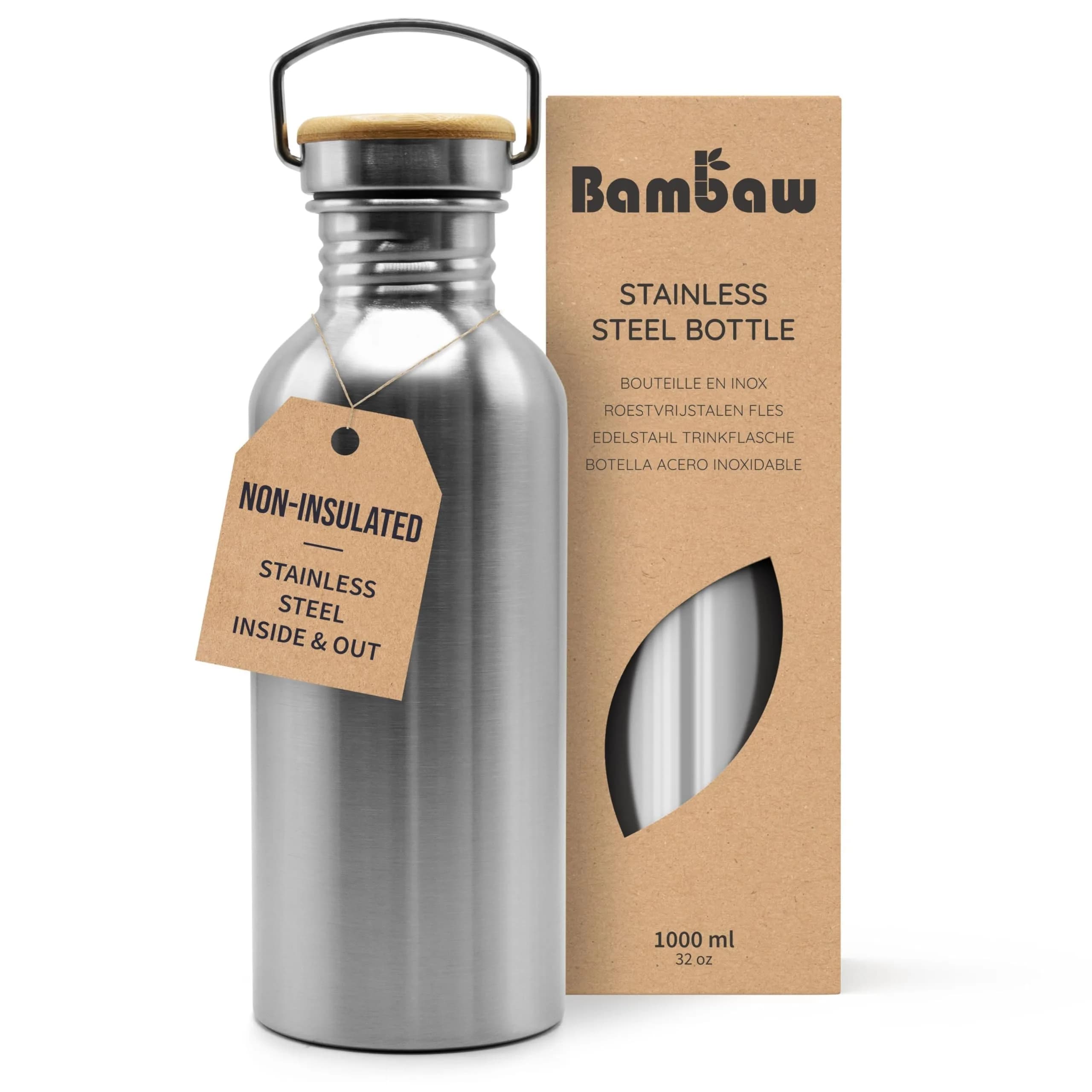 Bambaw Stainless Steel Water Bottle 32 oz | Eco-Friendly, Reusable & Durable, Non-insulated, Dishwasher Safe, Silver - main product image