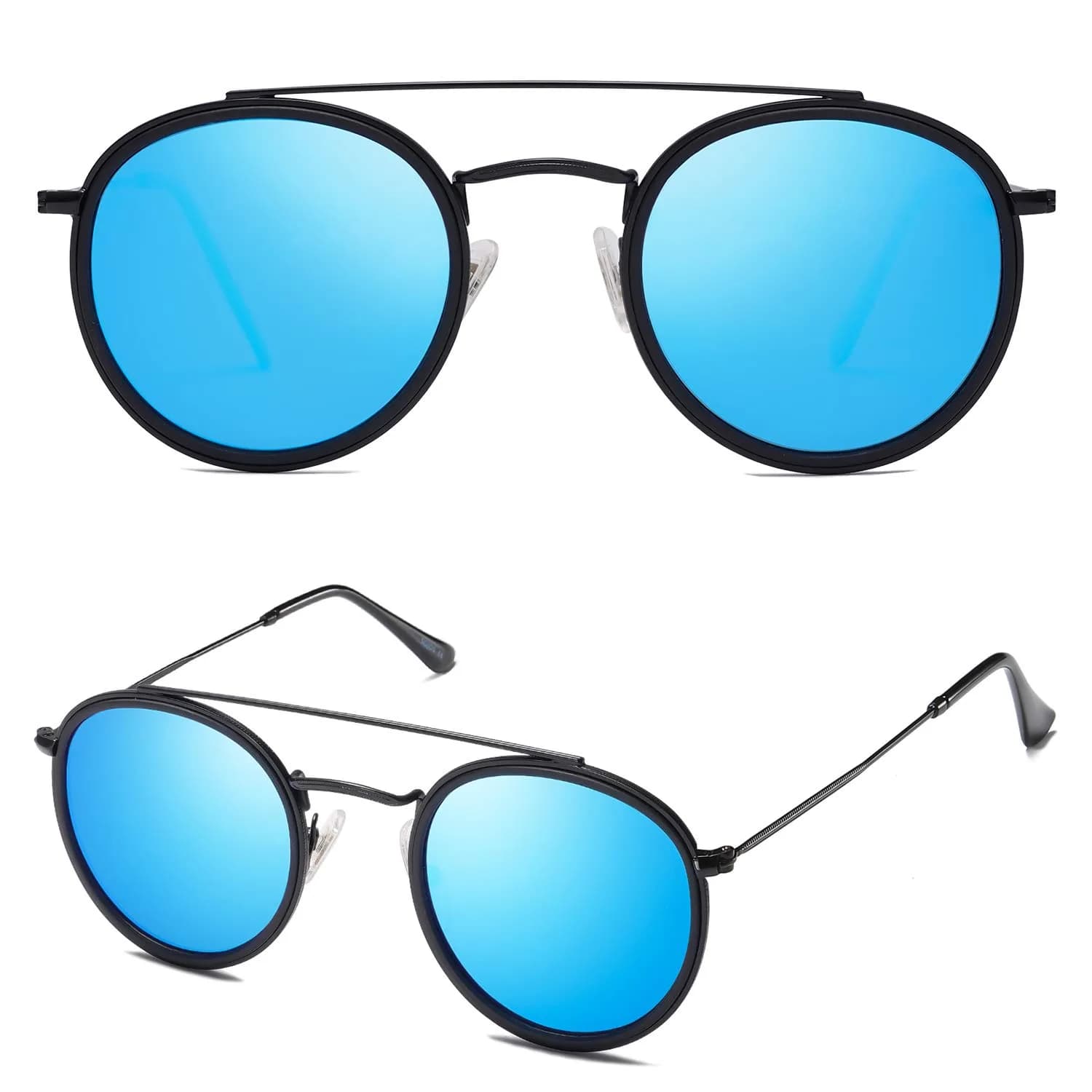 SOJOS Retro Vintage Round Polarized Sunglasses for Women Men Small Double Bridge Circle Sunnies SJ1104, Black/Blue Mirrored - main product image