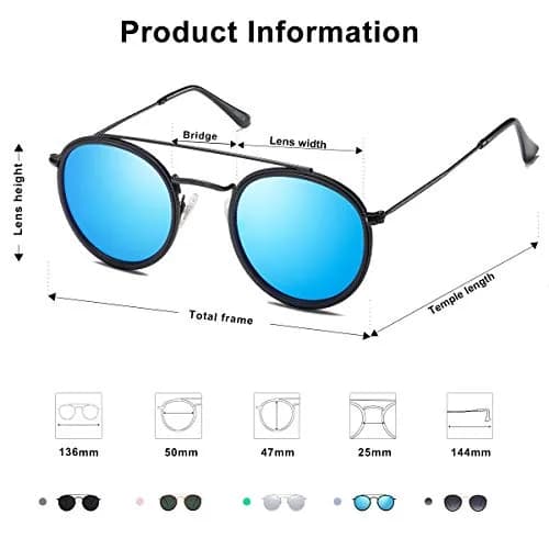 SOJOS Retro Vintage Round Polarized Sunglasses for Women Men Small Double Bridge Circle Sunnies SJ1104, Black/Blue Mirrored thumbnail 6