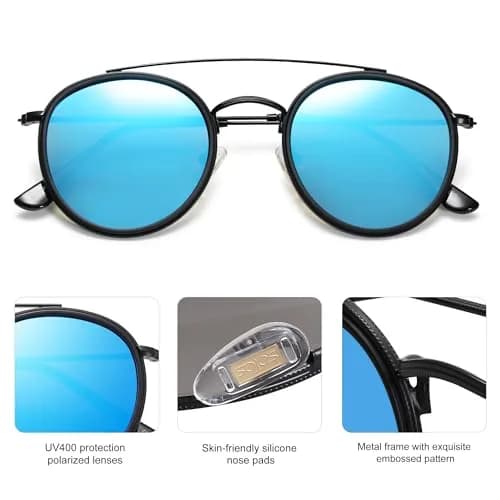 SOJOS Retro Vintage Round Polarized Sunglasses for Women Men Small Double Bridge Circle Sunnies SJ1104, Black/Blue Mirrored thumbnail 3