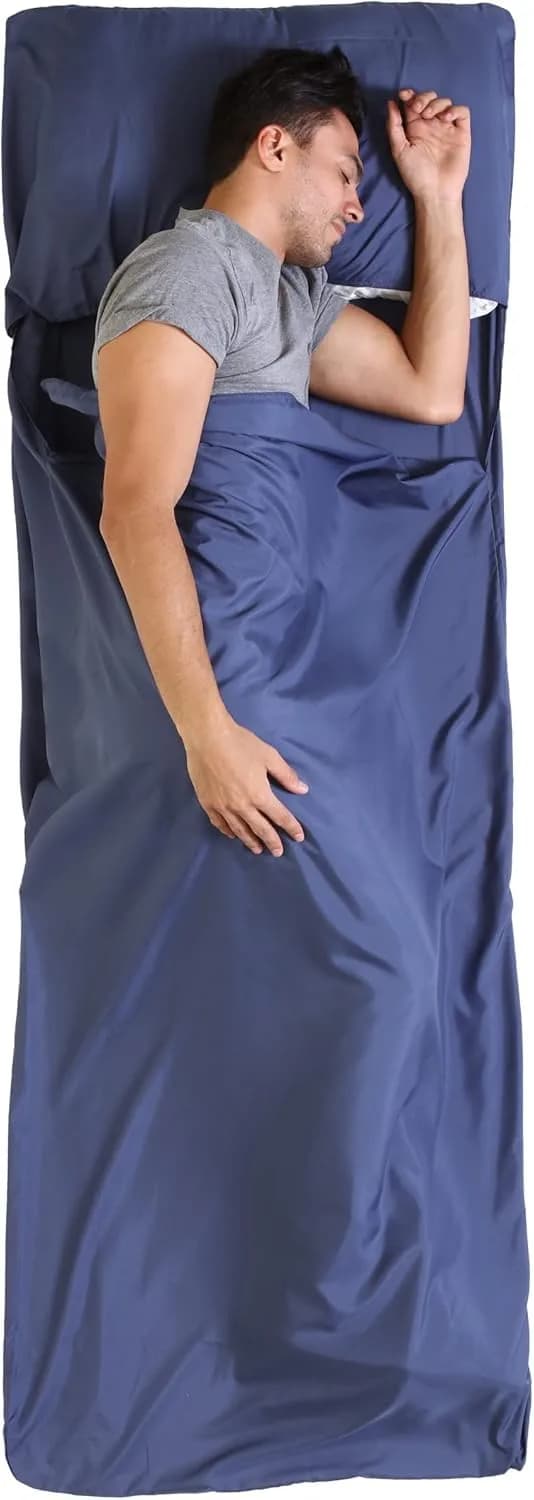 Tough Outdoors Double Sleeping Bag Liner 203cm (85") x 188cm (74") with Zipper | Ultralight Polyester Travel Sheet for Camping & Hotels — Navy Blue - No Zipper