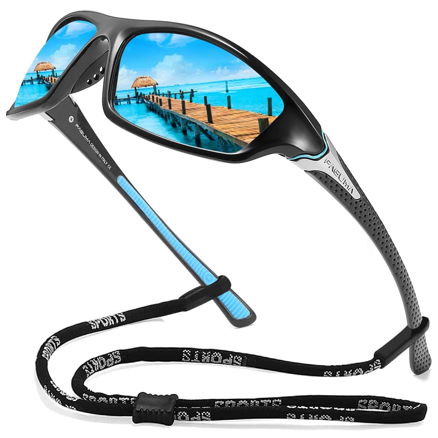 FAGUMA Sports Polarized Sunglasses For Men UV400 Protection | 62mm (2.44 in) Lens Width — Black/Blue Mirror