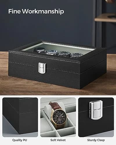 SONGMICS 10-Slot Watch Box Organizer with Glass Lid & Removable Pillows | 25.5cm (10") Wide thumbnail 4