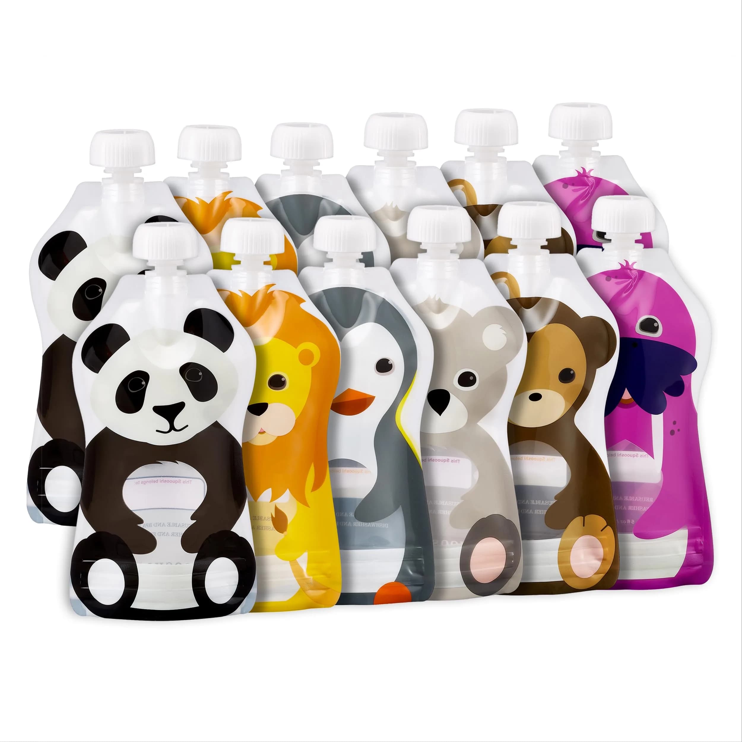 SQUOOSHI Reusable Baby Food Pouches 6 Pack 5oz Assorted Animals | Eco-Friendly, BPA-Free, Travel-Ready — Animal 12 / Large