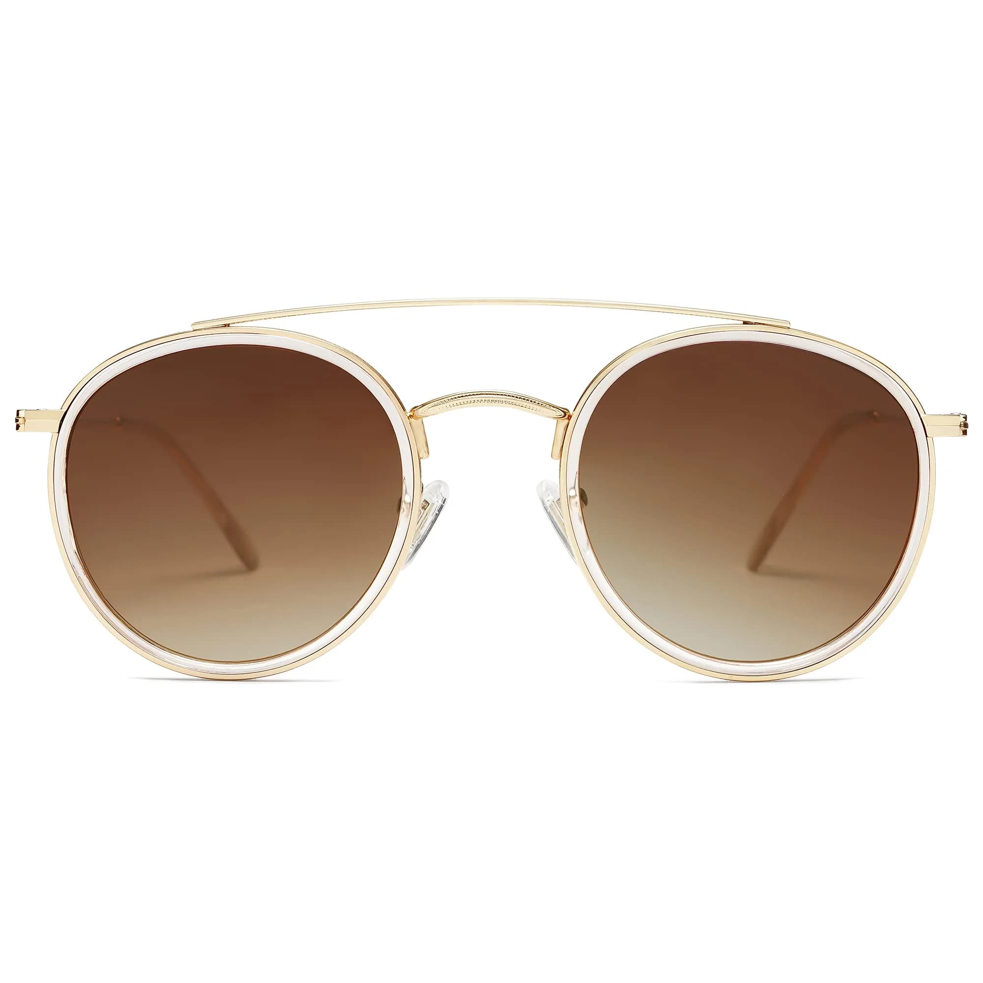 SOJOS Retro Vintage Round Polarized Sunglasses for Women Men Small Double Bridge Circle Sunnies Gold/Grey | UV400 Polarized — Gold/Brown