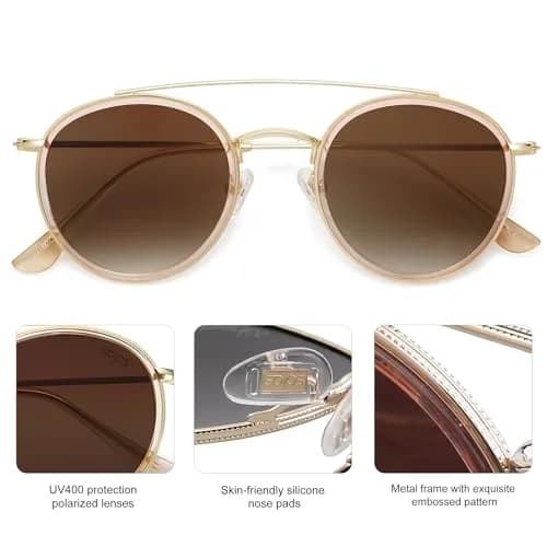 SOJOS Retro Vintage Round Polarized Sunglasses Small Double Bridge Circle Gold/Brown | UV400 Polarized thumbnail 3