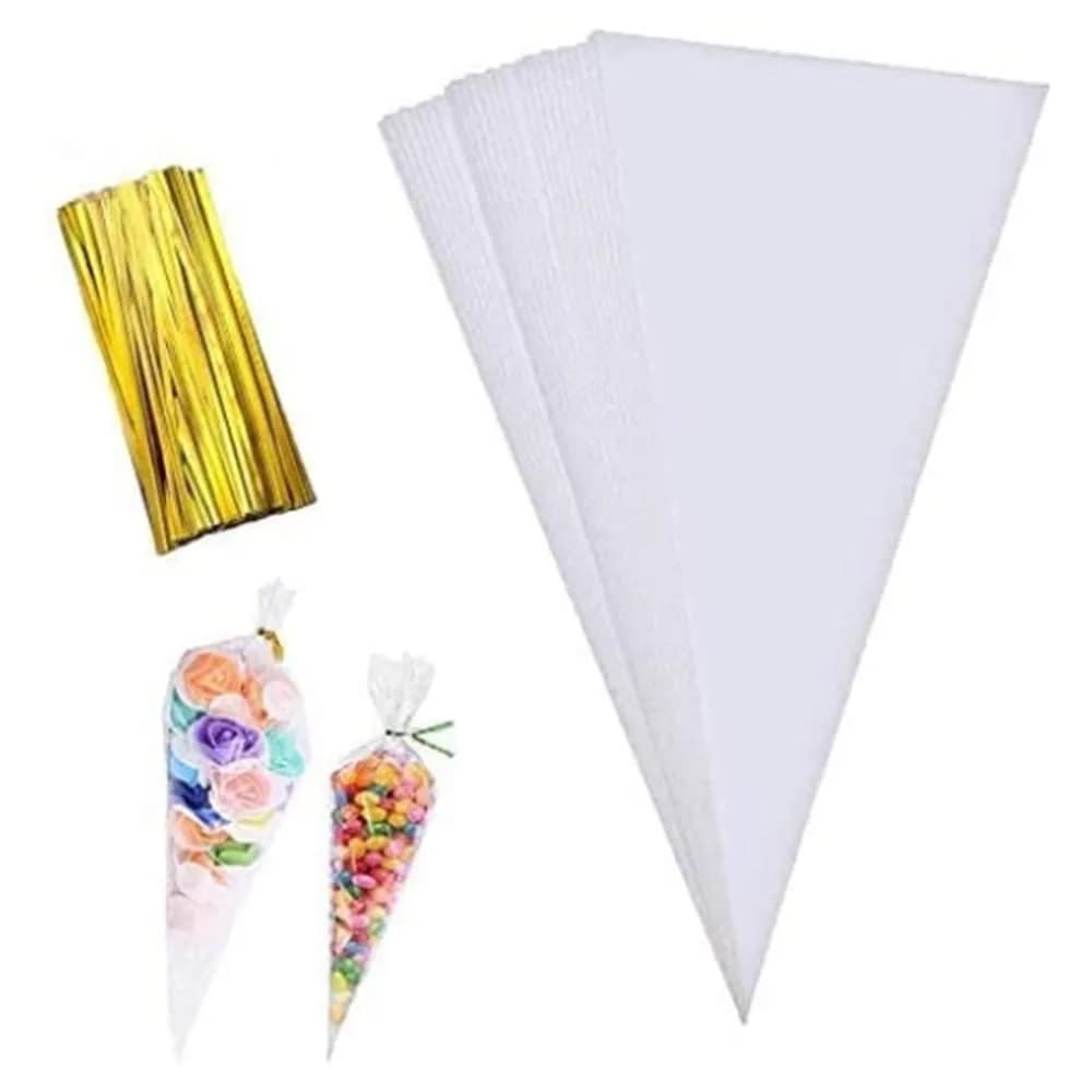 MAOUYWIEE Clear Cello Treat Bags 25cm x 13cm (9.8 x 5.1 Inch) with Gold Twist Ties | Food-Grade OPP Bags for Parties - main product image