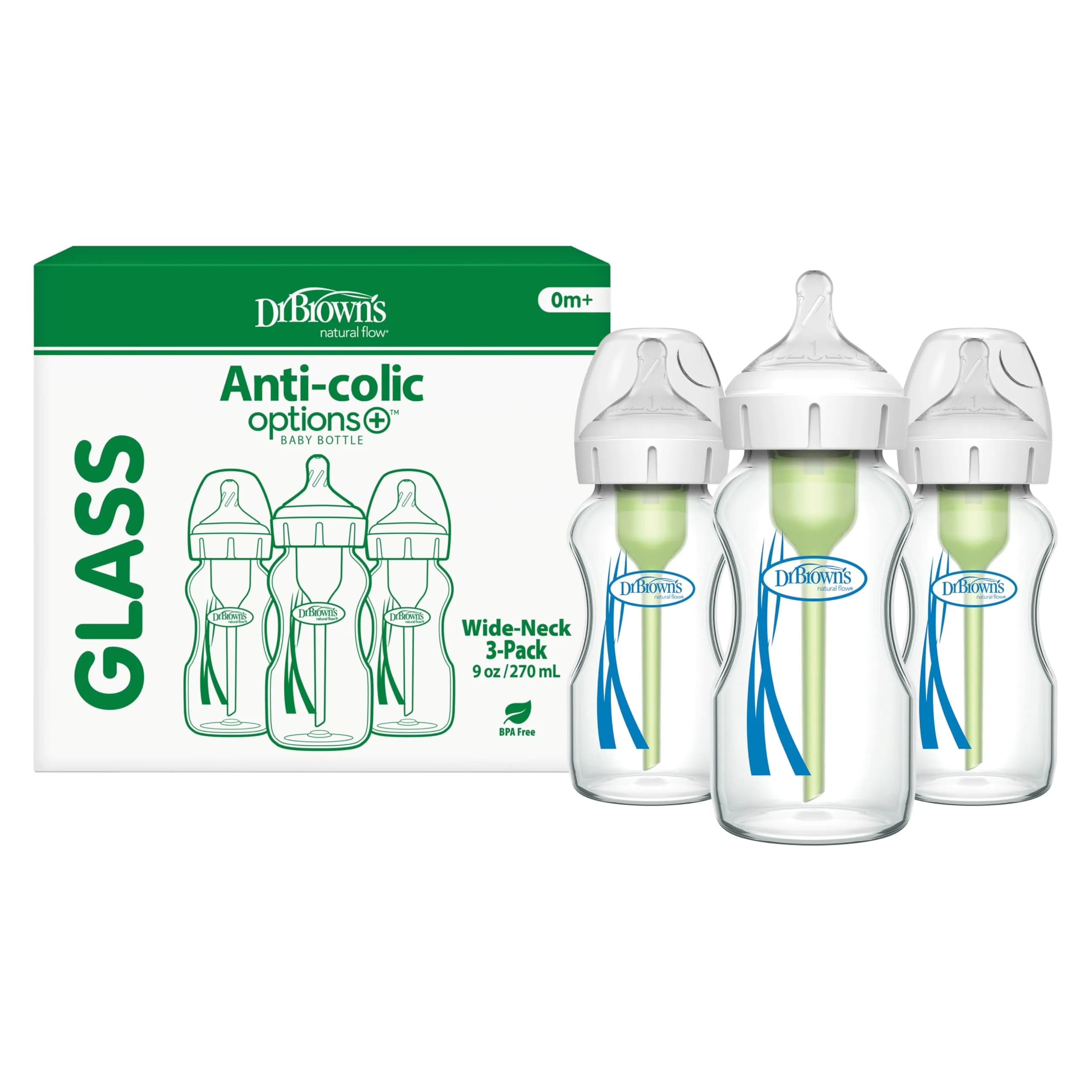 Dr. Brown's Natural Flow Options+ Wide-Neck Glass Baby Bottle 270ml (9 oz) | Clinically Proven Anti-Colic System