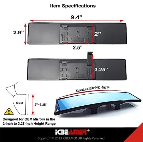 ICBEAMER 9.4" Convex Rear View Mirror | Wide Angle, Anti Glare, Blue Tint, Clip-On for Car, SUV, Truck thumbnail 6