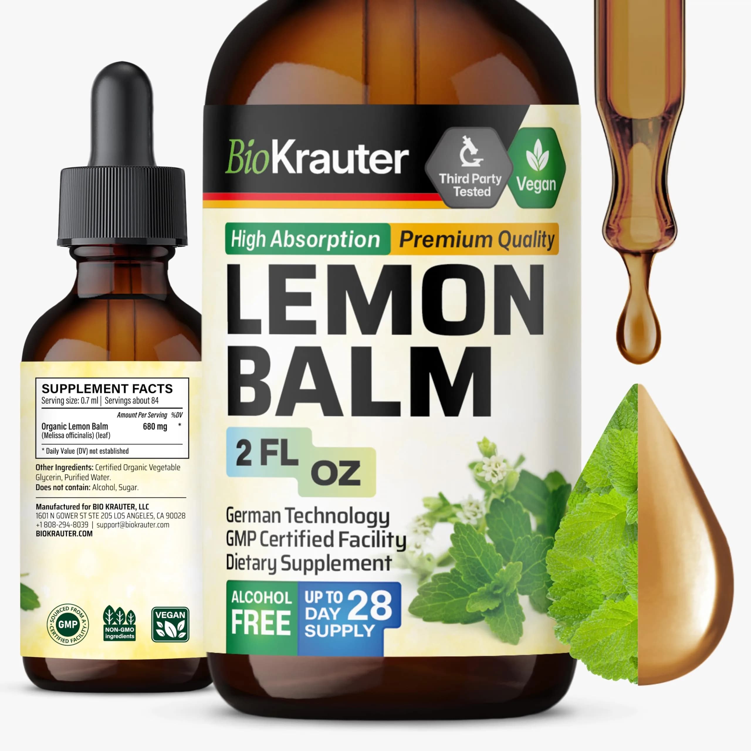 BIO KRAUTER Lemon Balm Tincture 118ml (4 Fl Oz) | Vegan Sleep Support Drops — 2 Fl Oz