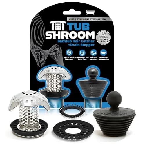TubShroom Ultra Hair Catcher & Strainer for Bathtub Drains, Stainless Steel Combo with Adapters & Stopper | Catches Hair, Prevents Clogs thumbnail 1
