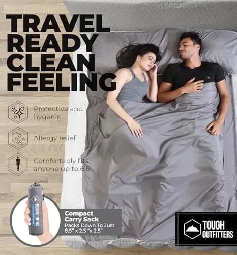 Tough Outdoors XL Sleeping Bag Liner with Zipper - Rectangular Travel Sheet 218cm (85") | Lightweight Polyester for Camping & Hotels thumbnail 2