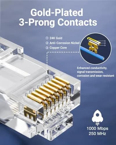VCE Cat6 RJ45 Pass Through Connectors Gold Plated 8P8C 10 Gbps 50-Pack | UL Listed 250V AC Max thumbnail 3