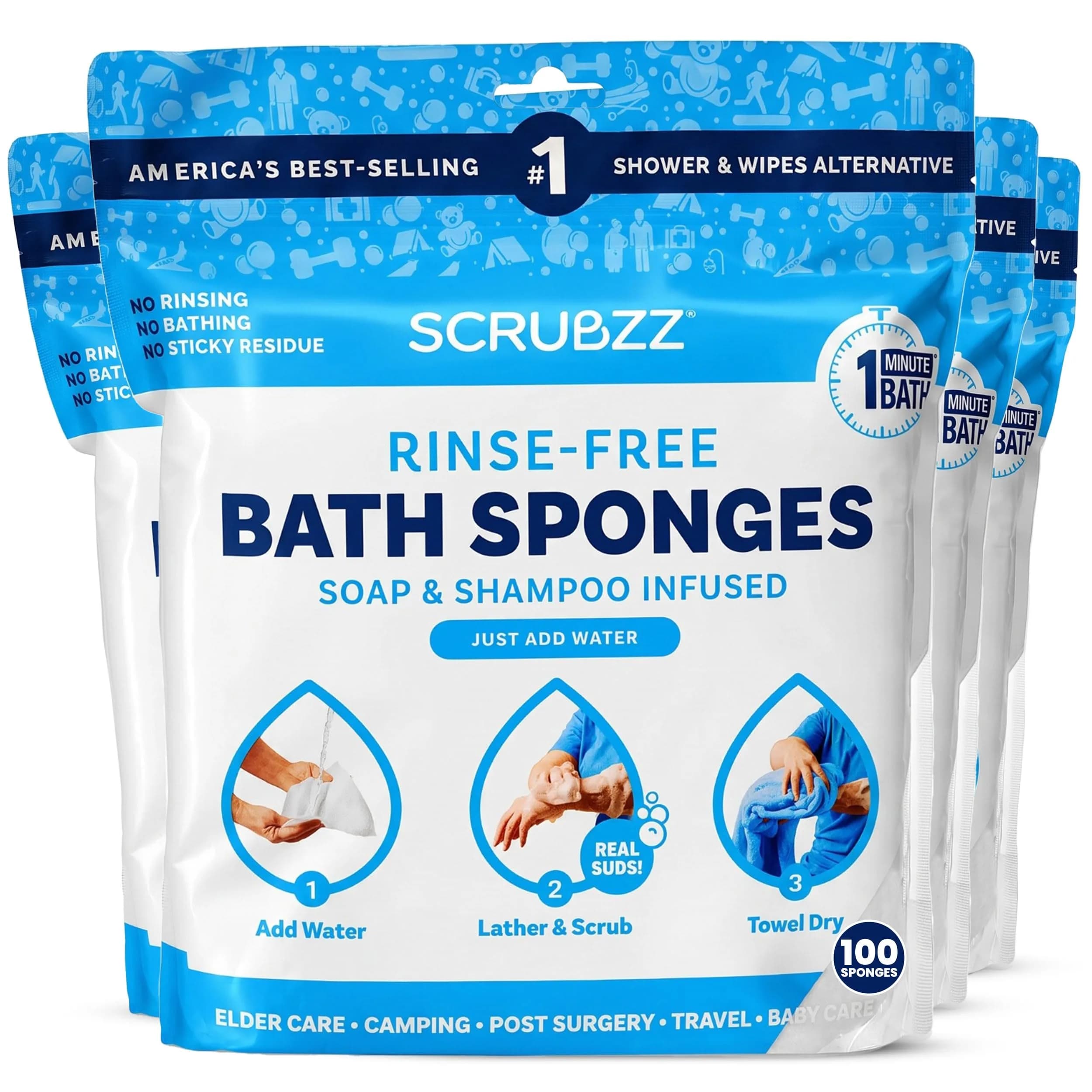 Scrubzz Disposable Rinse Free Bathing Wipes 25 Count (Pack of 1) | All-in-1 Single Use Shower Wipes — Lavender Scented