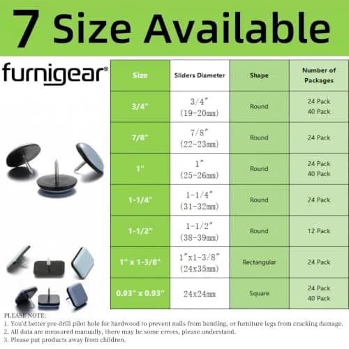 Furnigear 3/4" Nail-On Furniture Sliders (24 Pack) | Heavy Duty PTFE Carpet Glides for Easy Moving thumbnail 4