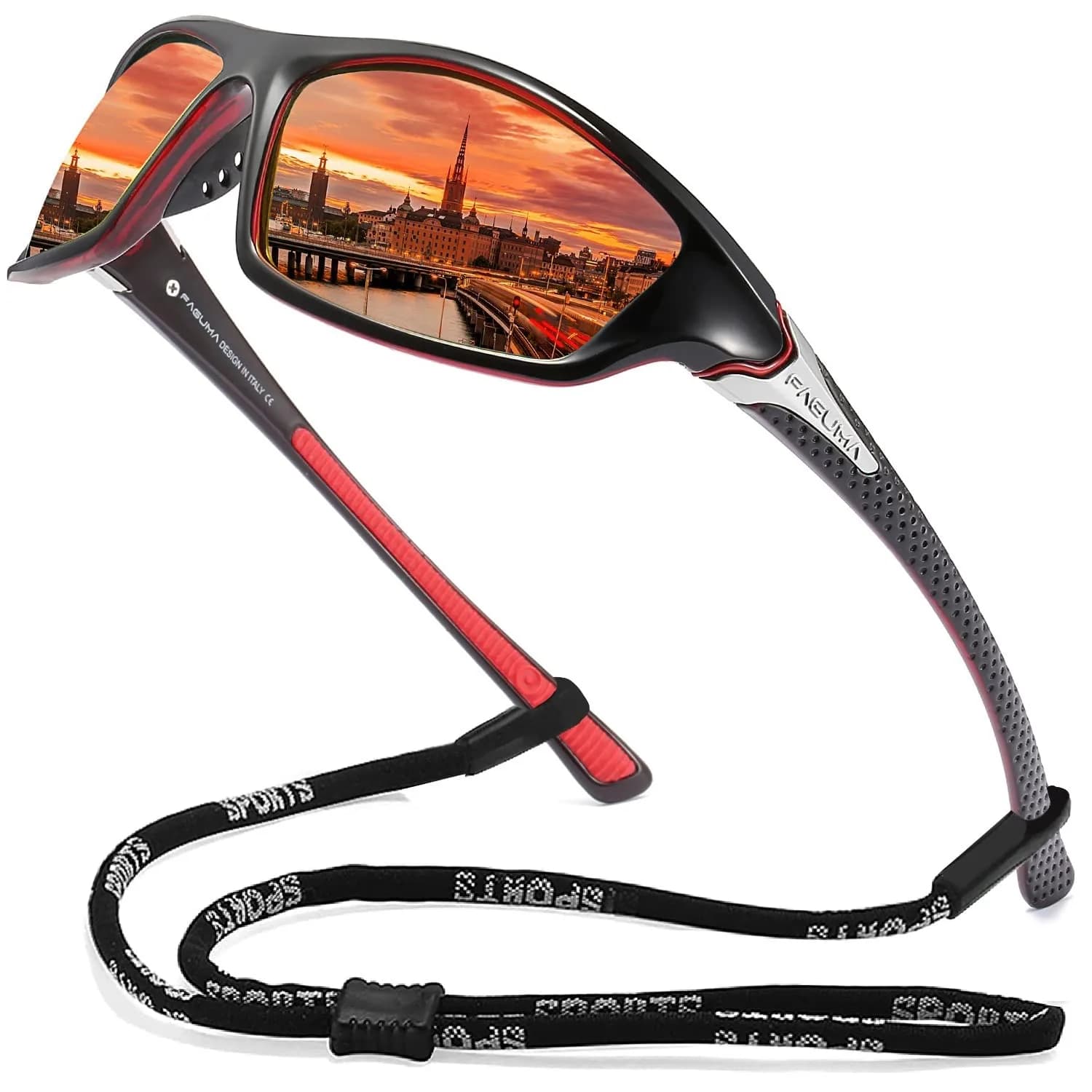 FAGUMA Sports Polarized Sunglasses For Men UV400 Protection | 62mm (2.44 in) Lens Width — Black Red/Red Mirror