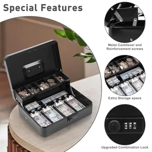 KYODOLED Metal Cash Box with Combination Lock & Spring-Loaded Bill Clips, 30cm (11.81") x 24cm (9.45") x 9cm (3.54") | Secure Storage for Businesses thumbnail 5