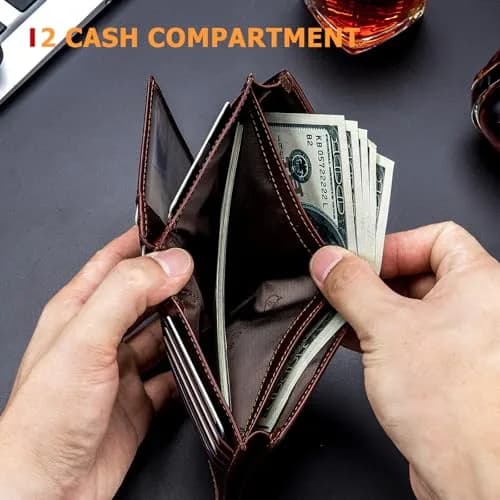 BULLCAPTAIN Genuine Leather Bifold Wallet for Men QB-027 Brown | RFID Blocking Large Capacity 11.9cm x 9.4cm x 2.5cm thumbnail 5