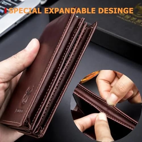 BULLCAPTAIN Genuine Leather Bifold Wallet for Men QB-027 Brown | RFID Blocking Large Capacity 11.9cm x 9.4cm x 2.5cm thumbnail 6