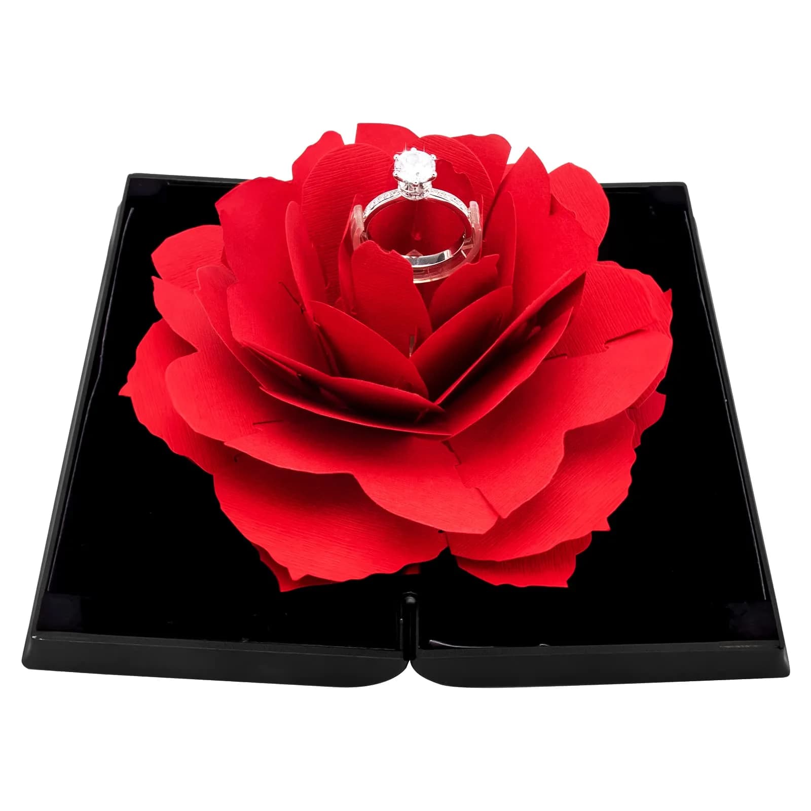 wonuu Pop Up Rose Engagement Ring Box | Black Resin Holder for Proposal, Wedding, Gift (12cm x 6.8cm x 2cm)