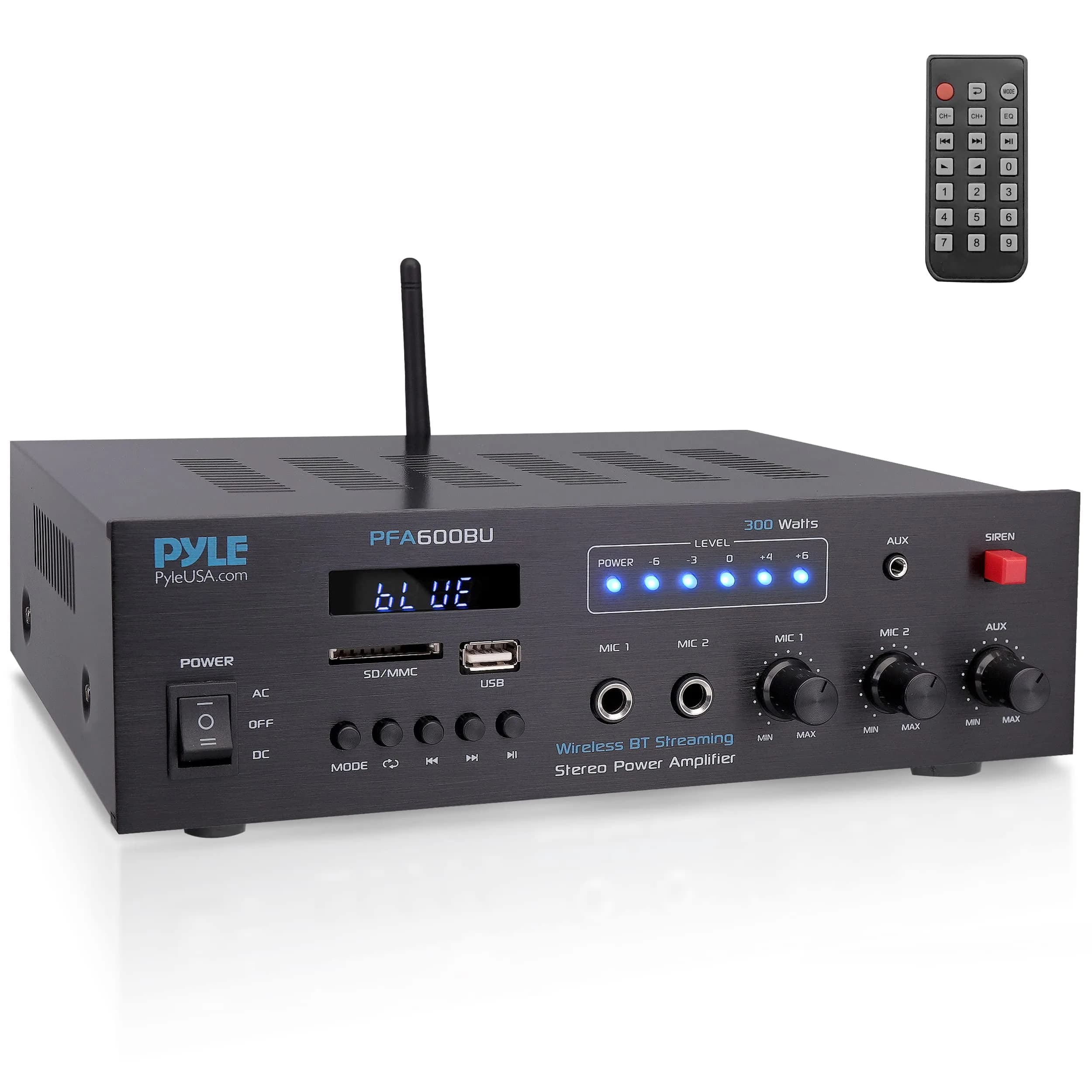 Pyle 300W Bluetooth Karaoke Amplifier - 2-Channel PA System with FM Radio, USB/SD, 2 Mic Inputs, Siren Alarm, 12V Power Option, Remote Control | PFA600BU - main product image