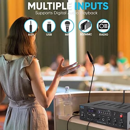 Pyle 300W Bluetooth Karaoke Amplifier - 2-Channel PA System with FM Radio, USB/SD, 2 Mic Inputs, Siren Alarm, 12V Power Option, Remote Control | PFA600BU thumbnail 4