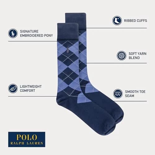 POLO RALPH LAUREN Men's Assorted Pattern Dress Crew Socks, 4 Pairs | Soft Cotton Blend, Classic Patterns, All-Day Comfort thumbnail 4