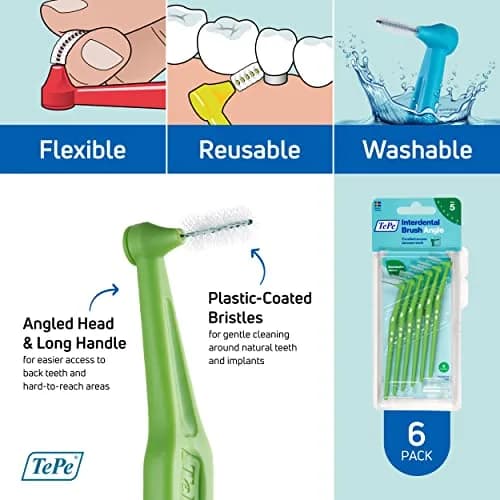 TePe Interdental Brush Angle, Pack of 6 | Angled Dental Brush for Teeth Cleaning, 0.8 mm, Large Gaps, Green, Size 5 thumbnail 5