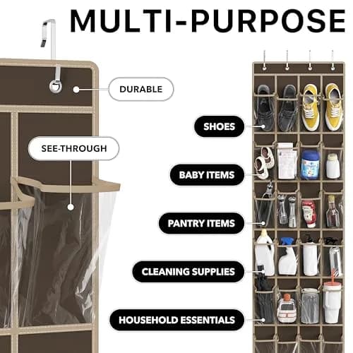 Simple Houseware 24 Pockets Clear Over the Door Shoe Organizer, Brown | 24 Large Clear Pockets for Shoes & Storage thumbnail 5