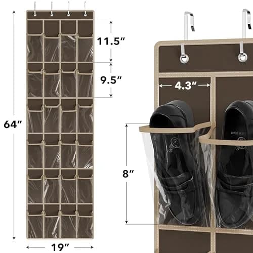 Simple Houseware 24 Pockets Clear Over the Door Shoe Organizer, Brown | 24 Large Clear Pockets for Shoes & Storage thumbnail 2