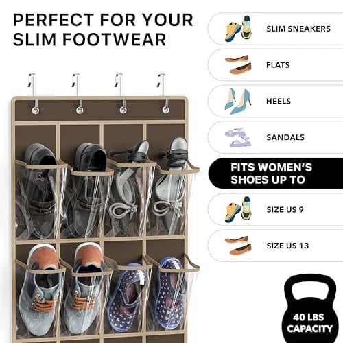 Simple Houseware 24 Pockets Clear Over the Door Shoe Organizer, Brown | 24 Large Clear Pockets for Shoes & Storage thumbnail 3