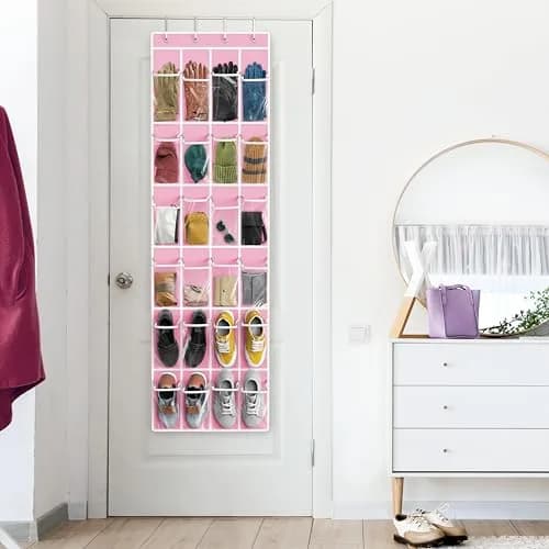 Simple Houseware 24 Pockets Clear Over the Door Shoe Organizer, Pink | Large Capacity, Versatile Storage thumbnail 8