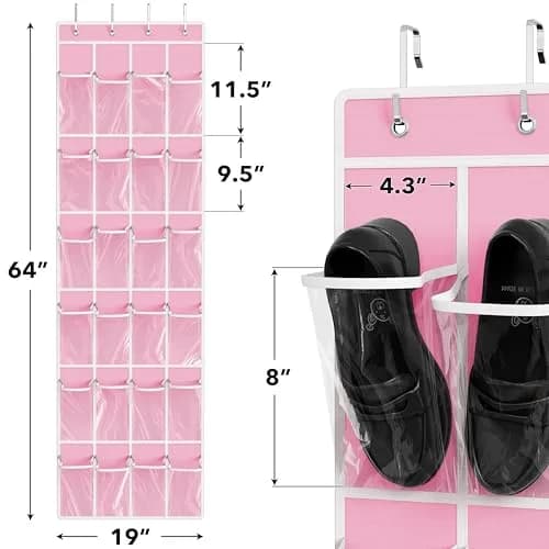 Simple Houseware 24 Pockets Clear Over the Door Shoe Organizer, Pink | Large Capacity, Versatile Storage thumbnail 2