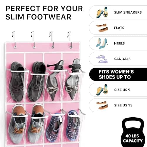 Simple Houseware 24 Pockets Clear Over the Door Shoe Organizer, Pink | Large Capacity, Versatile Storage thumbnail 3