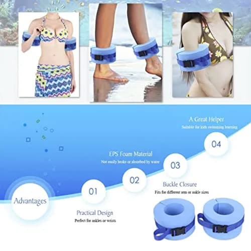 Asdomo Foam Swim Aquatic Cuffs, Water Aerobics Float Ring Fitness Exercise Set, Ankles Arms Belts with Quick Release Buckle (Set of 2, Blue) thumbnail 10