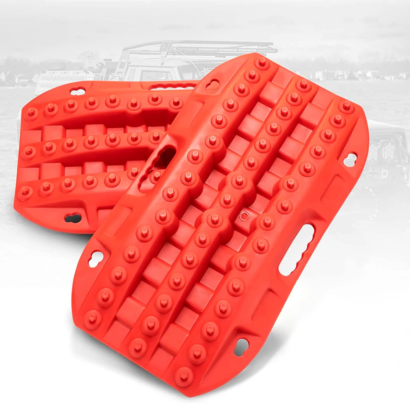 BUNKER INDUST Black 2 Pcs Off Road Traction Boards | 22.8in x 12.95in (58.4cm x 32.9cm) — Red