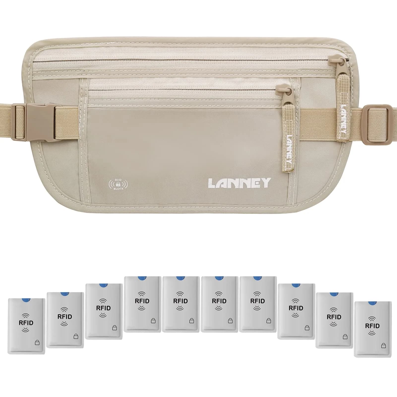 LANNEY RFID Blocking Money Belt with 10 Bonus Card Sleeves | 10.2 inch (25.9 cm) Length, Silver Gray — Cream