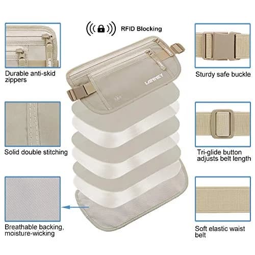 LANNEY RFID Blocking Money Belt for Travel, Cream | Hidden Waist Wallet Pouch with 10 Bonus Card Sleeves thumbnail 2